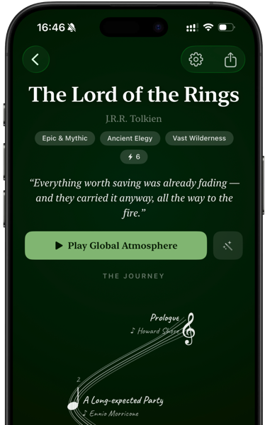 BookSoul app screen showing the atmosphere and music score for The Lord of the Rings by J.R.R. Tolkien